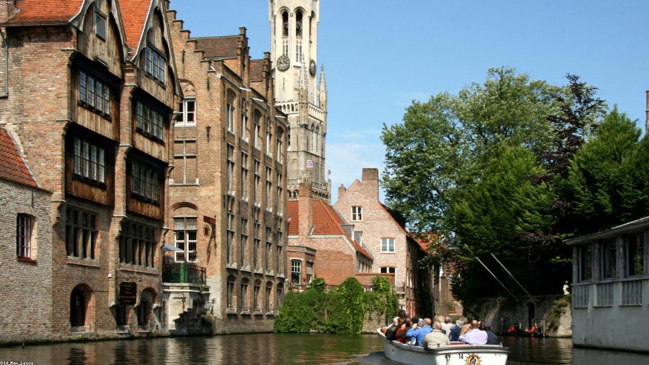 Misty canal flanked by stepped-gable houses in Bruges.