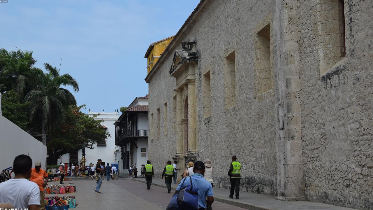 Brightly painted colonial houses with wooden balconies in Cartagena.