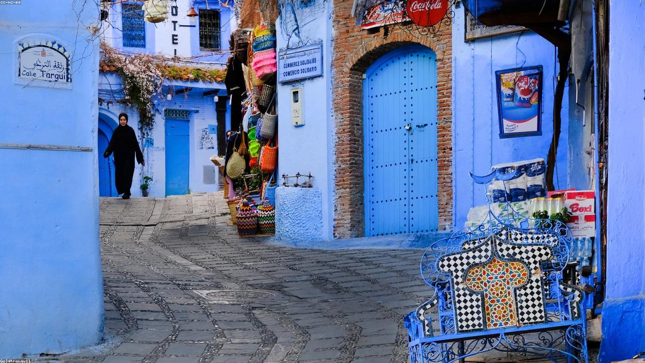 Cobalt-blue painted walls and steps in Chefchaouen's medina.