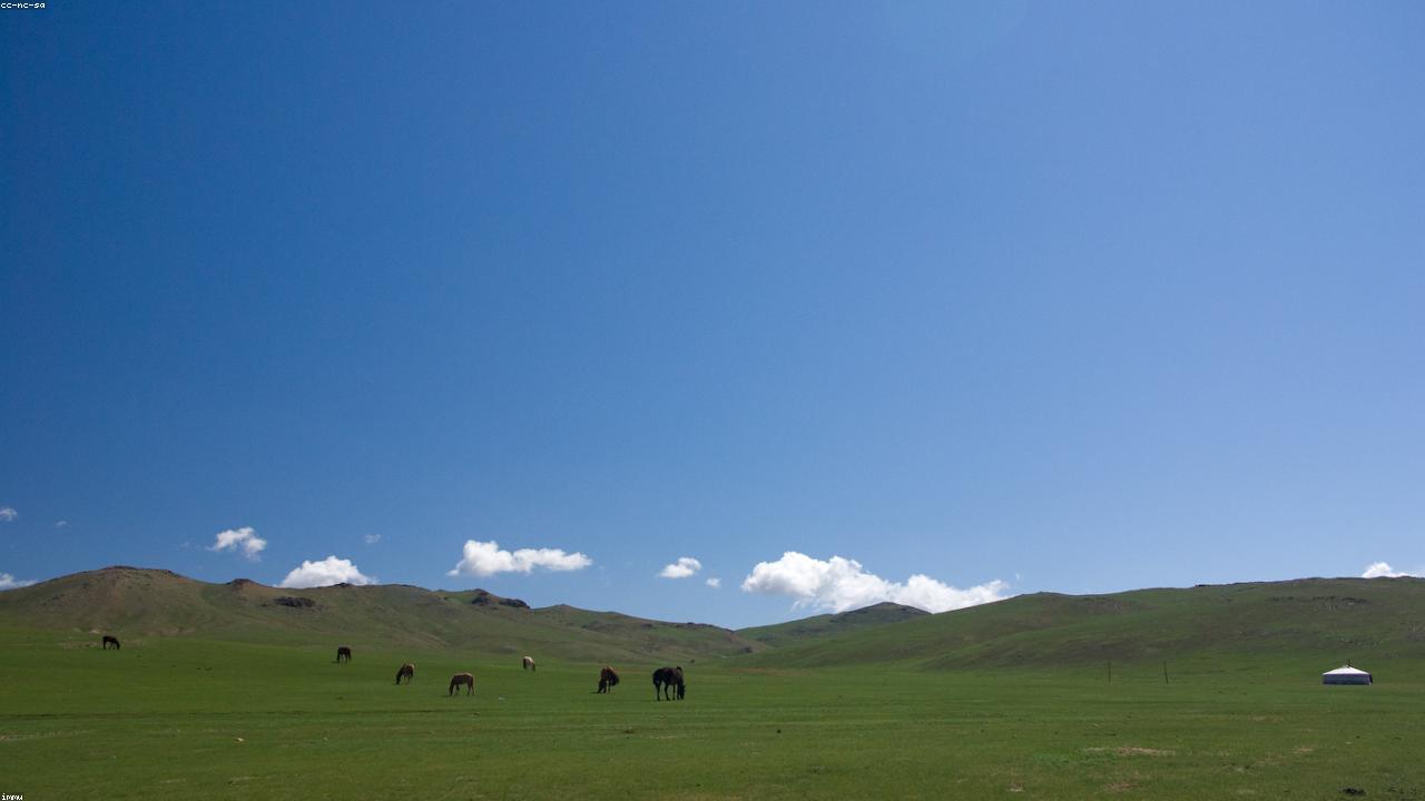 A felt ger sits alone on Mongolia's open steppe.