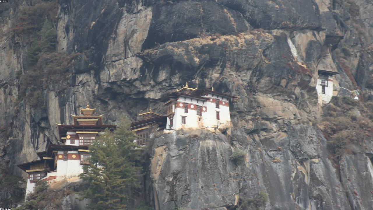Taktsang monastery clings to a cliff above Paro valley.