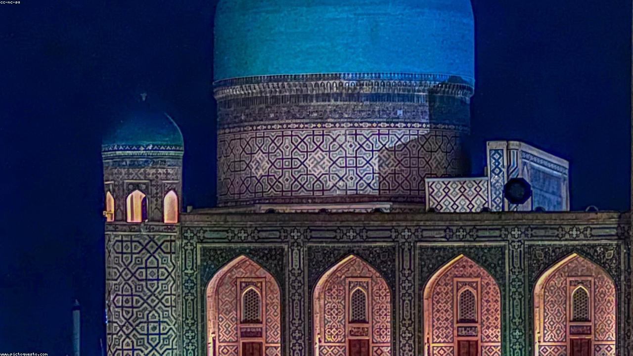 Turquoise tile domes and arched portals of Registan Square, Samarkand.